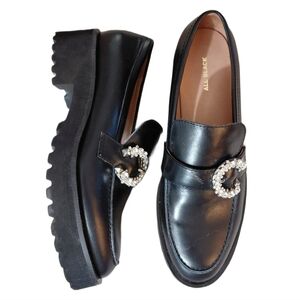 NEW All Black Chunky Lug Sole Leather Loafer Sz 9 Rhinestone Buckle Flats